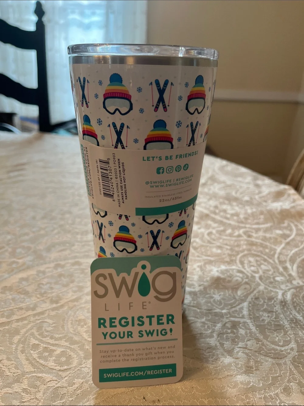 Swig Life Winter Ski Pattern 22oz Insulated Tumbler - White NWT